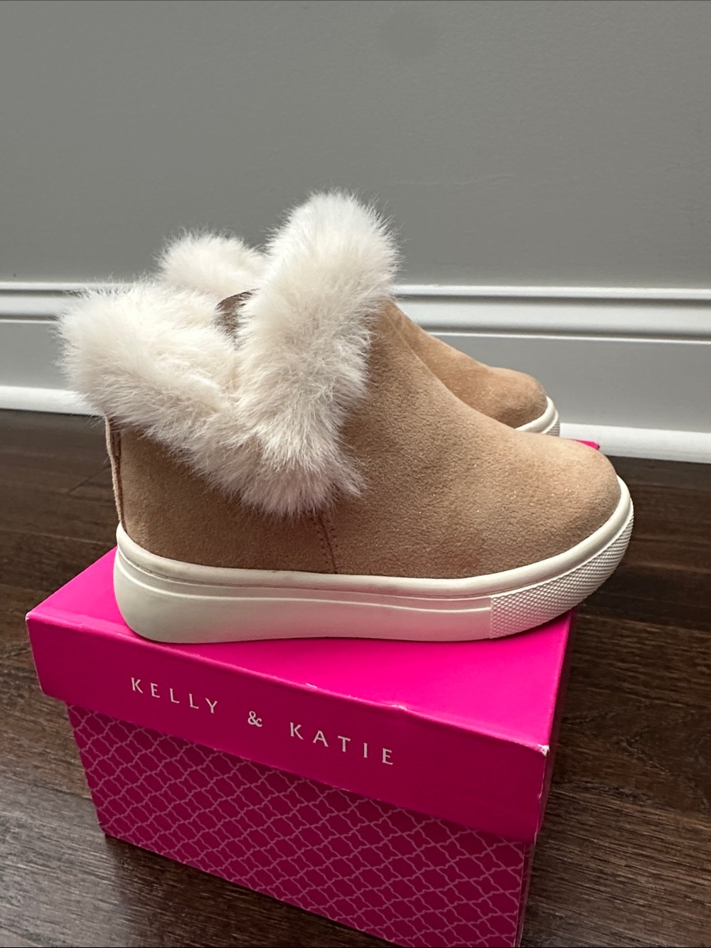 Kelly & Katie Kids Tan Slip-On Sneakers with White Faux Fur Collar